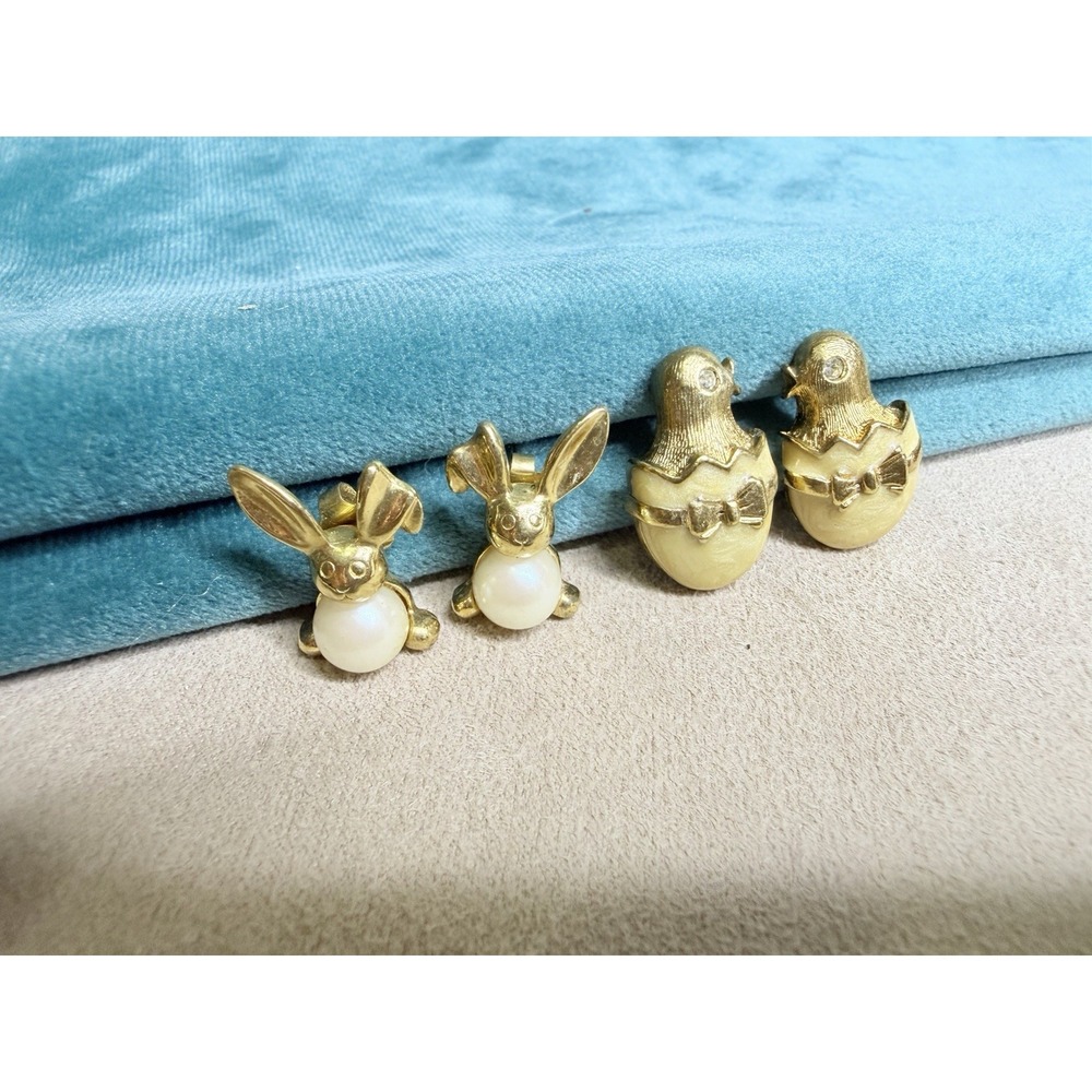 Vintage Avon Easter Stud Earrings Lot‎ Gold Tone Pearl Bunny Hatching Chick Post